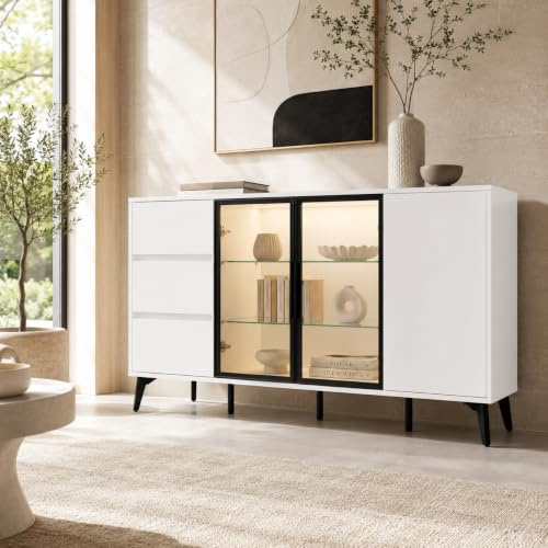 PREMTURE Sideboard mit Glasvitrinen, LED Beleuchtung, weißer Schrank 160 cm | Modernes Sideboard mit Glastüren | LED-Beleuchtung | Viel Stauraum für Wohnzimmer, Esszimmer und Flur