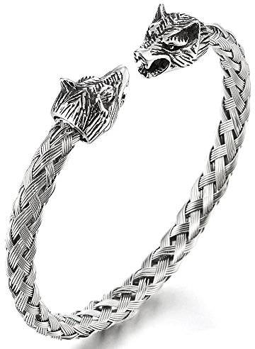 COOLSTEELANDBEYOND Herren Wolfskopf Armband Edelstahl Geflochtene Stahlkabel Armreif Farbe Silber Poliert, Verstellbare