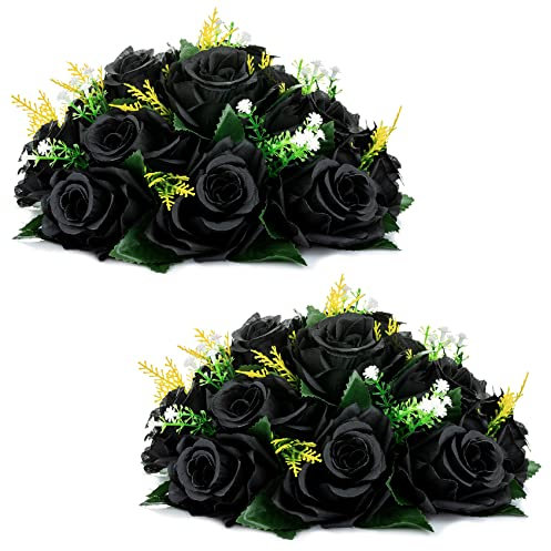 Nuptio Schwarze Rosen, Kunstblumen, 2 Sträuße, Kunstblumen, Blumenstrauß mit schwarzen Hortensien, 15 künstliche Rosen mit Stiel, echt aussehende Schwarze Kunstblumen (Schwarz)