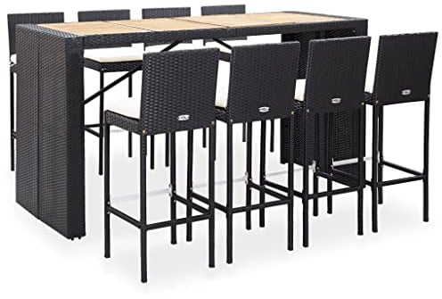vidaXL Akazienholz Gartenbar Set 9-TLG. Theke Bar Tresen Gartentheke Bartisch Stehtisch Barhocker Barstuhl Gartenmöbel Poly Rattan Schwarz