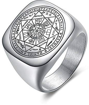 BlackAmazement 316L Edelstahl Ring Siegel der Sieben Erzengel Siegelring Silber Damen Herren