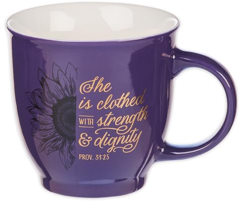 Taza de café y té de cerámica con texto en inglés Strength and Dignity Proverbios para mujer, 31 ml, color morado