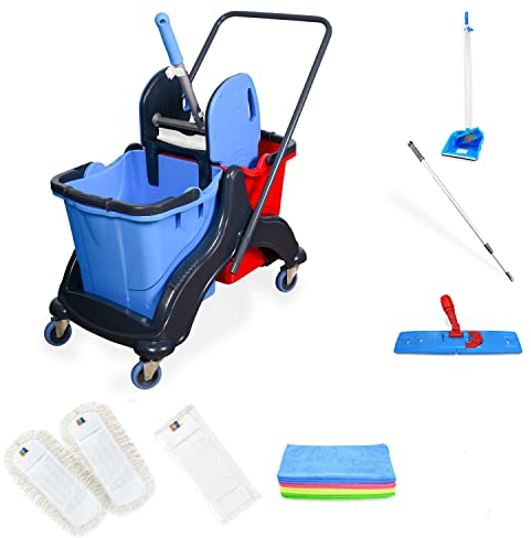 Hypafol Putzwagen Reinigungswagen Set | 2 x 25 l Eimer mit Wischmopp-Presse und Kehrgarnitur | inkl. 2X 40cm Baumwoll Wischmopp, 1x Mikrofaser-Mopp | je 4 Mikrofasertücher in rot, gelb, grün, blau