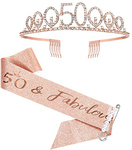 50. Geburtstagsschärpe und Tiara, Roségold Geburtstagsschärpe Krone 50 & Fabulous Schärpe und Tiara für Frauen, 50. Geburtstagsgeschenke für alles Gute zum 50. Geburtstagsgeschenk