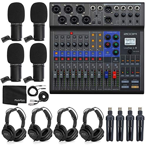 Zoom LiveTrak L-8 Mixer digitale portatile a 8 canali e registratore multitraccia + 4 microfoni Zoom ZDM-1 con cuffie, parabrezza e supporto + panno di pulizia - Pacchetto podcasting per 4 persone