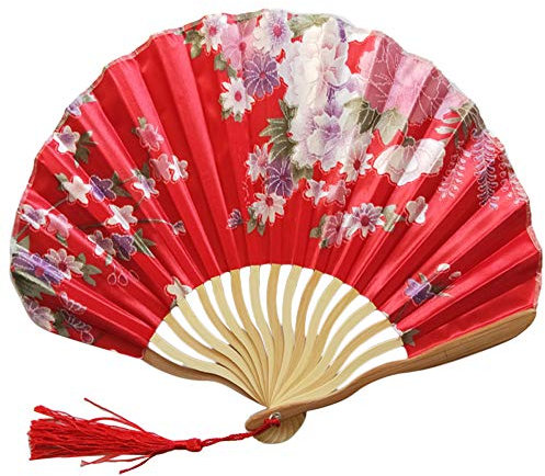 1SourceTek Silk Hand Held Folding Fans 8.27 inches (21cm) Women Hand Held Folding Fans With a Fabric Sleeve Protection for Gifts - Chinese Retro Style (Red)