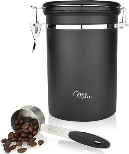 Milu Kaffeedose luftdicht | 500g, 700g | Kaffeebohnen Behälter Edelstahl Vorratsdosen Vakuum Kaffeebox mit Kaffeelöffel (Schwarz, 700g)