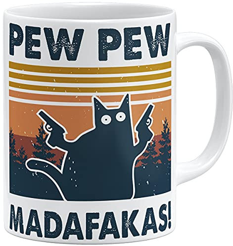 OM3® Pew Pew Madafakas Tasse mit Spruch Statement II | Keramik Becher | 11oz 325ml | Beidseitig Bedruckt | Weiss