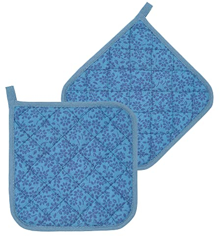 Lashuma Topf Untersetzer Set, 2X Topflappen blau Kornblumen Motiv, Topfhalter Baumwolle 20x20 cm