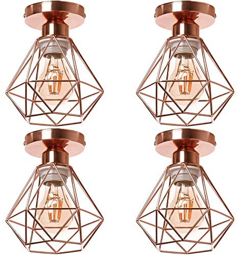 TOKIUS Retro Deckenlampe 16CM Vintage Deckenleuchte im Industrial Design Geometrisch Lampenschirm E27 Lampe aus Eisen Käfig Pendelleuchte Roségold (4 Stücke)