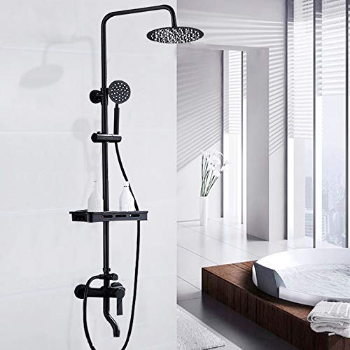 Retro Regendusche Wasserhahn, mit Handbrause und Ablage Komplett Duschsystem Höhenverstellbar, Edelstahl Duscharmatur Badezimmer (Schwarz)