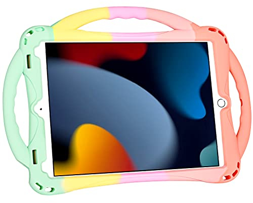 iPad 10.2 Hülle Kinder, Adocham Schutzhülle für iPad 9.,8.,7. Generation, integrierter Standgriff und kommt mit einem Gurt, leichtes, stoßfestes Silikon, iPad 10.2 Zoll 2021/2020/2019 (Regenbogen 2)