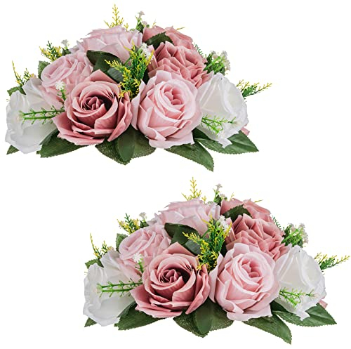 NUPTIO Artificial Flower Centrepieces for Tables - 2 Pcs Dusty Rose & White Fake Flowers Roses Balls 24cm Diameter - Silk Faux Rose Arrangement for Wedding Party Centerpiece Table Decorations