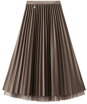 Jemsia Damen Reversible Tüllrock Midi A-Linie Elastisch Hohe Taille Elegant Faltenrock Ballett Abschlussball Party Rock mit Ornament für Damen Mädchen, braun, Einheitsgröße