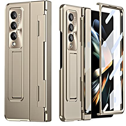Miimall for Samsung Galaxy Z Fold 4 Case with Hinge Protection, [Built-in Front Screen Protector][Camera Lens Protector] [Kickstand], Hard PC Anti-Drop All-Inclusive Cover for Z Fold 4-Champagnen