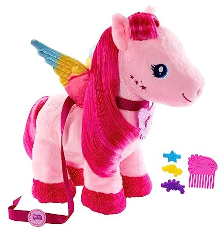 Barbie Mattel Touch of Magic - Gehender und flatternder Plüschpegasus mit Leine, Schmetterlingstaste zum Abspielen von Gesang, Kamm und Spangen, für Kinder ab 3 Jahren, HPJ50