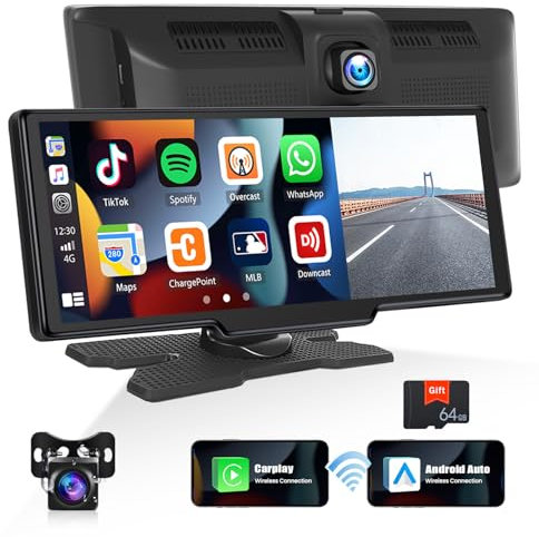 CAMECHO Wireless Car Stereo for CarPlay Android Auto with Dash Cam, 9.3 Inch Touchscreen Portable Carplay Screen, 1080P Backup Camera, Bluetooth Mirror link Voice Control GPS Sat Nav FM +64G TF