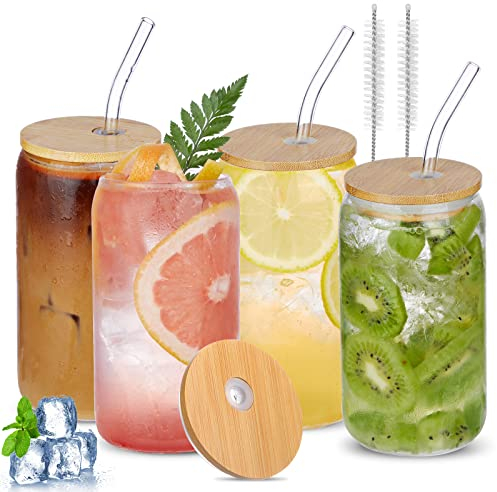 FASISOY Vasos de vidrio con tapas y popotes de bambú, 4 unidades, 16 onzas, para café, cerveza, vasos de vidrio con tapas y popotes, vasos de café helado, bonito vaso de vidrio