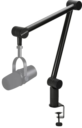 BOMGE Support de micro réglable et robuste avec canaux de gestion des câbles, pince de bureau pour balados, streaming, jeux, bureau à domicile, enregistrement (noir)