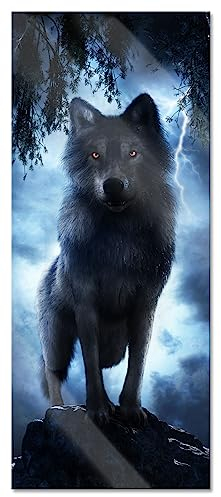 Pixxprint Glasbild Panorama, Wandbild aus Echtglas, Böser Wolf bei Gewitter im Höhleneingang, 100x40 cm, inkl. Aufhängung und Abstandshalter