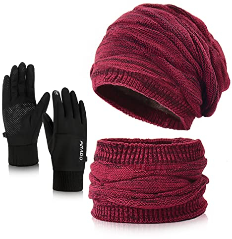 Wintermütze, Schal und Handschuhe Set für Damen - Weiche Strickmütze, Touchscreen Handschuhe, Warme Beanie Mit Fleecefutter für Ski (3 Stück - Weinrot & Schwarz)