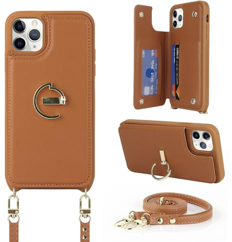 Havaya für iPhone 11 Pro Max Hülle mit Band Kartenfach handyhülle iPhone 11 Pro Max mit Band Portemonnaie Damen Reißverschluss Ring Ständer Case - Braun