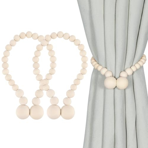 KLOGTSIND Magnetic Curtain Tiebacks, Curtain Holdbacks for Curtains 2 Pack, Wood Bead Curtain Holders for Boho Bedroom Decor, Baby Nursery Decor, Farmhouse Decor
