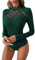 GORGLITTER Damen Bodysuit Elegant Bodies Stehkragen Öse Stickerei Bodys Langarm Body mit Spitzeneinsatz Dunkelgrün S