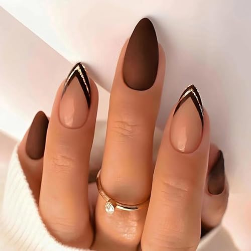 Sethexy Marron Moyen Amande Ongles à presser Stiletto Automne Français Faux ongles Acrylique Faux ongles pour femmes et filles 24PCS (5)