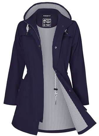 ATLASLAVA Regenjacke Damen Lang Wasserdicht Kapuze Regenmantel übergangsjacke Trenchcoat Outdoor Mantel Navy Blau XL