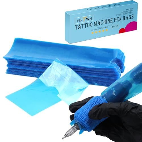 EIPTWH 200PCS Tattoo Stift Abdeckungen, blaue Farben Einweg Tattoo Maschine Stift Taschen Thikcer&Wider Tattoo Maschine Plastikabdeckungen für Tattoo Künstler Tattoo Supplies