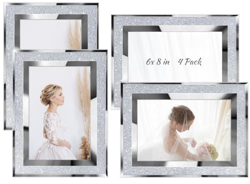 Queekay 4 Pack Glitter Picture Frame 6 x 8 Inch Crystal bling Mirror Picture Frame Wall Decor for Graduate Wedding Home Table, Silver