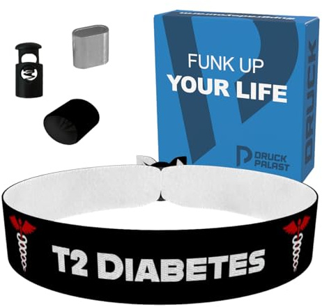 T2 Diabetes schwarz Stoffarmband - Notfallarmband für Kinder - wasserfestes Satinarmband - Sicherheitsarmband mit Telefonnummer - modisches Gesundheitsarmband für Reisen und Freizeit