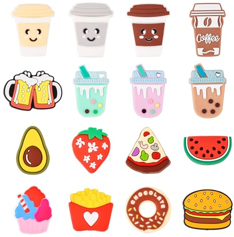 FASHEWELRY 16Pcs Food Theme Silicone Focal Beads Bubble Tea Coffee Cup Ice Cream Pizza Fruit Silicone Rubber Beads Charms for Pen Keychain Jewelry Making