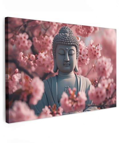 MuchoWow© Bilder Wohnzimmer Deko Modern Wandbild Kunstdruck auf Leinwand | 90x60 cm - Bild Schlafzimmer über Bett Room Decor Geschenke Buddha - Statue - Sakura - Kirschblüte