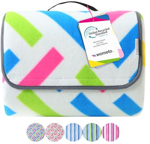 wometo eco-line nachhaltige Picknickdecke wasserdicht 200x200 100% recyceltes Fleece GRS Zertifiziert XXL Outdoor Campingdecke Stranddecke Grafik blau grün pink isoliert waschbar