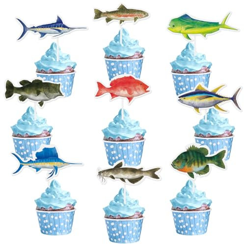 WERNNSAI 36PCS Fishing Cupcake Toppers Gone Fishing Birthday Cake Toppers Supplies for Baby Shower Fisherman Boys Birthday Party Dessert Decorations for Picks Summer Outdoor Fishing Party Decor