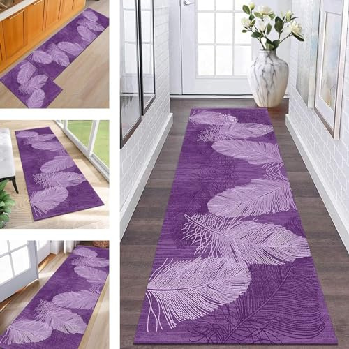ZESEWU Teppich Läufer Flur Küche Waschbar rutschfest Korridor Teppichmatten 60X300CM Violett Abstrakt Küchenteppich Flurteppich Schlafzimmer Esszimmer Polyester Teppichläufer Meterware Anpassbar