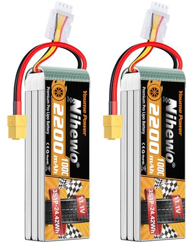 3S Lipo Akku 11,1V 2200mAh 100C RC Lipo Akkupack mit XT60 Stecker kompatibel mit RC Autos, Trucks, Booten, Flugzeugen, Helikoptern, Drohnen, FPV Racing Hobby Modellen (2 Stück)