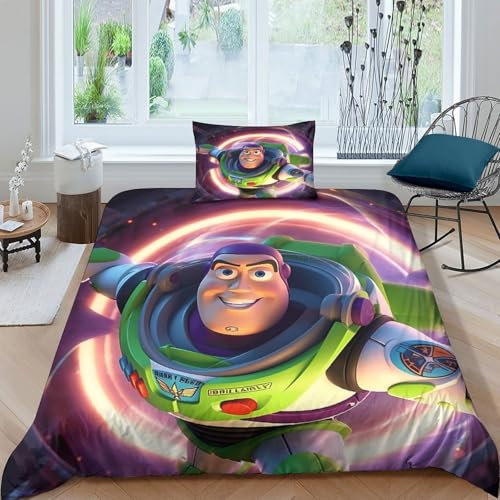 Loongboy Toy Story Buzz Lightyear 3D Gedruckt Bettwäsche-Set 2 Teilig Ettbezüge Mit Kissenbezug Soft Microfaser Luxus Modern Mit Reißverschluss Für Erwachsene Und Kinder Single（135x200cm）