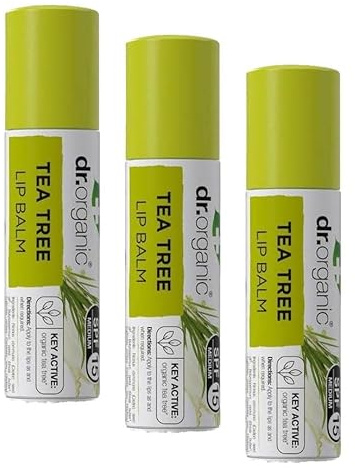 Dr Organic Tea Tree Lip Balm, Moisturising, SPF 15, Mens, Womens, Natural, Vegetarian, Cruelty-Free, Paraben & SLS-Free, Recycled & Recyclable, Organic, 5.7ml, Packaging may vary (Pack of 3)