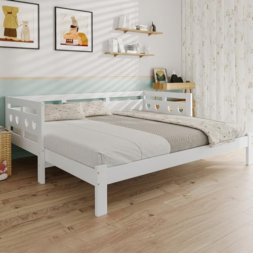 AYOROF Daybed Cabin Bed, Wooden 3FT Single Sofa Guest Pull Out Trundle With Heart-Shaped Design for Children Adults, Living Room and Bedroom, 90x190 cm - White