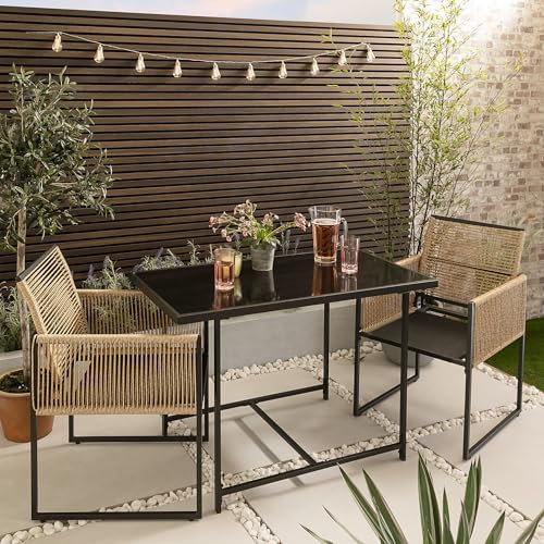 Noa and Nani Jari Garden Table with 2 Armchairs in Black & Rattan
