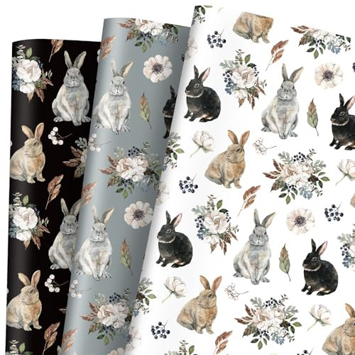 FYSUIMU Osterhasen-Geschenkpapier, keine Rolle, Aquarell-Hasen-Blumen-Geschenkpapier, flach gefaltet, für Bastelarbeiten, Frühling, Geburtstag, Urlaub, 50 x 70 cm, 9 Bögen