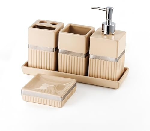 Ceramic Haven Elegance Collection | Set of 5 Luxury Bathroom Accessories | Soap Dispenser, Toothbrush Holder, Multipurpose Holder, Tumbler, Vanity Tray | Stylish Décor & Organiser (Beige Elegance)