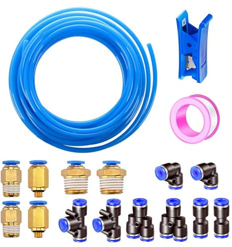 HAXIHA 12 Metri Tubo per Aria Poliuretano Blu,6mm Diametro Esterno 4mm Diametro Interno Tubo Pneumatico per Aria Compressa, con 14 Pcs Pneumatico Attacchi Rapidi
