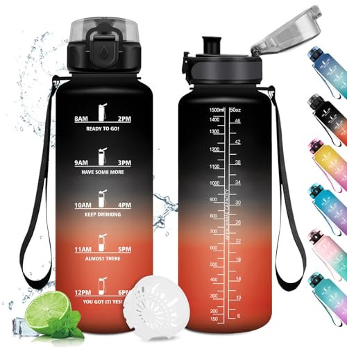 Trinkflasche Sport 1.5L, Wasserflasche Sport Auslaufsicher mit Zeitmarkierung, Trinkflaschen Kohlensäure Geeignet, Trinkflasche mit Filter, Sportflasche für Fitness, Gym, Schule, Outdoor, Yoga