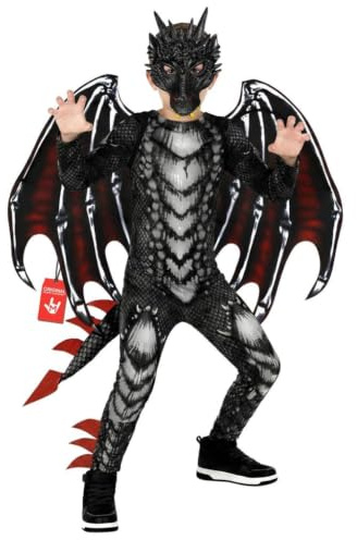 Morph, Dragon Costume Kids, Halloween Costumes for Kids | Black, Red Printed Jumpsuit with Attached Tail Included, Perfect for Halloween, Fun for Fancy Dress