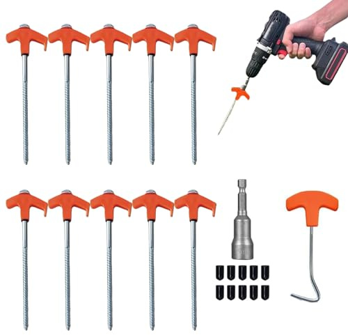 10 Stück drehbare Zeltheringe mit Gewinde, stabile Bodenheringe für Camping und Outdoor, Zeltzubehör, Camping Herd Schrauben, Schrauben für harten Boden, Wald (Orange)