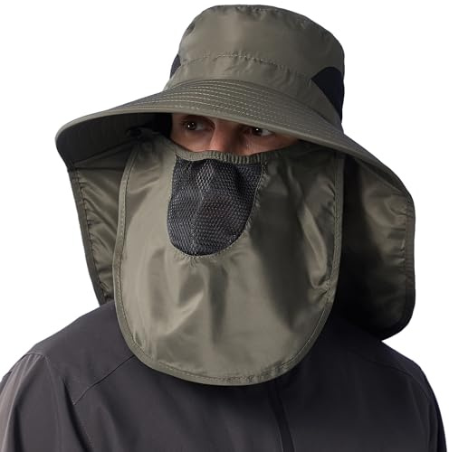 Huakunda Sonnenschutzhut mit Nackenschutz und Abnehmbarer Gesichtsmaske Herren Breiter Krempe UV-Schutz Damen Safari Hut Wasserdicht (DE/NL/SE/PL, Alphanumerisch, Einheitsgröße, Armeegrün)
